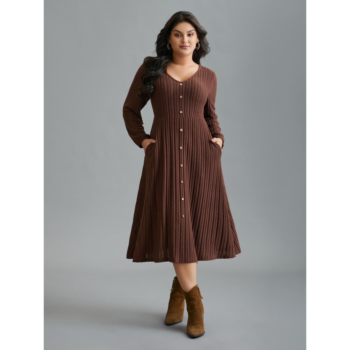 Plus Size Stretchy Waist Defining Knit Midi Dress Rust Women Casual Texture Knit Dresses Bloomchic 26/4X Product Image