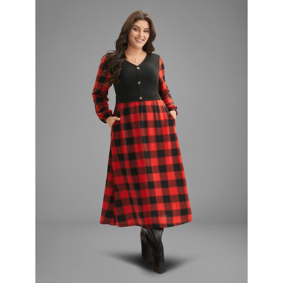 Plus Size Vest Design Fit-and-Flare Midi Dress Crimson Women Elegant Patchwork Party Curvy Bloomchic 30/6X Product Image