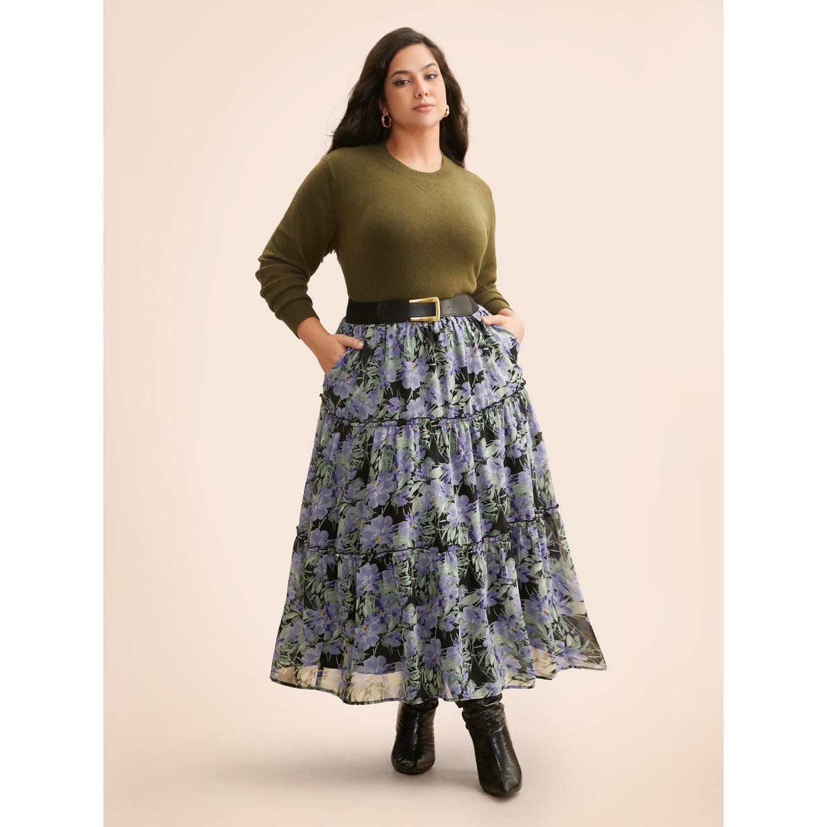 Plus Size Floral Ruffle Layered Hem Skirt Women BlackFlower Elegant No stretch Slanted pocket Everyday Skirts BloomChic 22-24/3X Product Image
