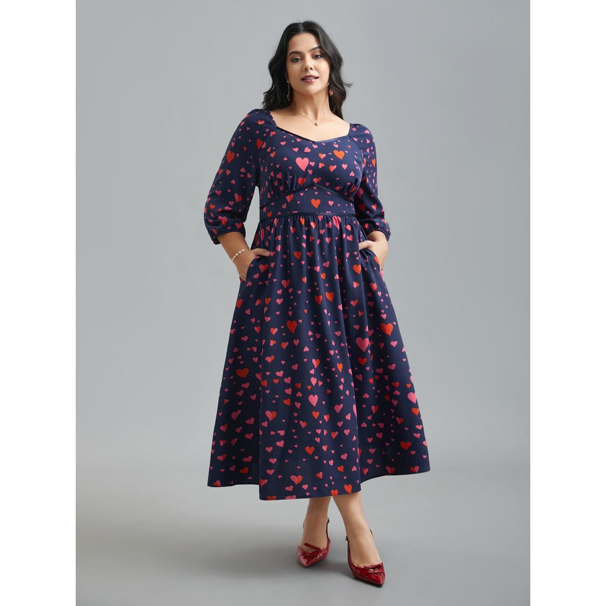 Plus Size Hearts Print Contrast Webbing Pocket Dress Navy Women Elegant Woven ribbon&lace trim Heart neckline Elbow-length sleeve Curvy BloomChic 30/6X Product Image