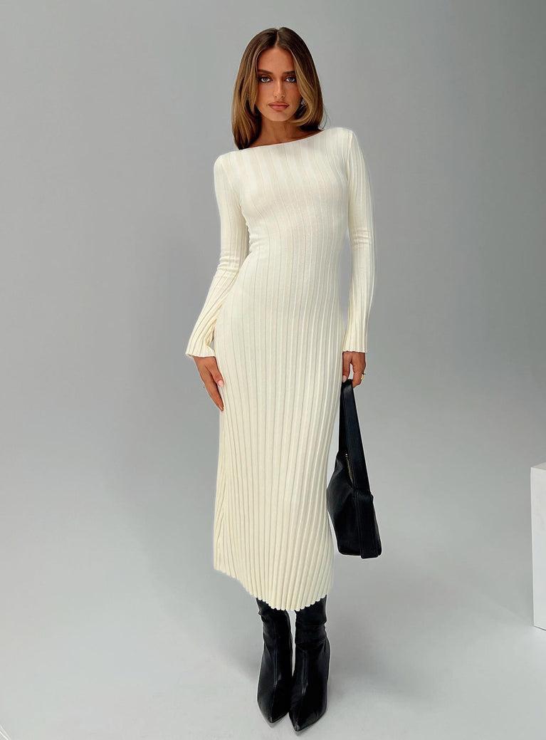 Ryo Long Sleeve Rib Maxi Dress Cream Product Image