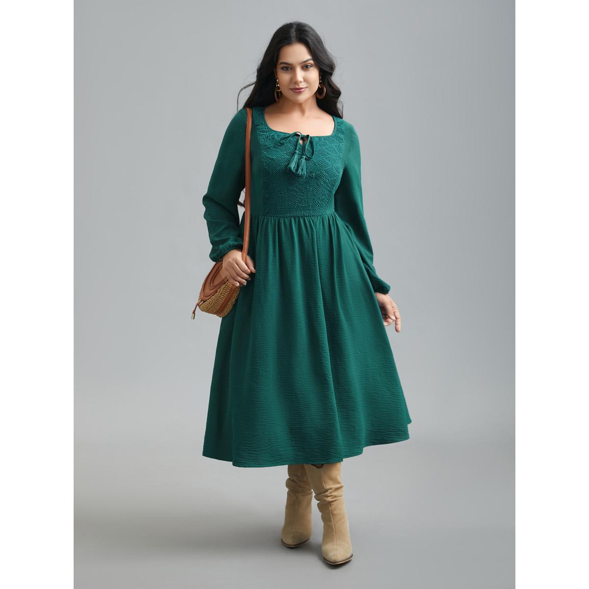 Plus Size Lace Neck Detail Tassels Midi Dress DarkGreen Women Resort Tie knot Square Neck Long Sleeve Curvy BloomChic 18-20/2X Product Image