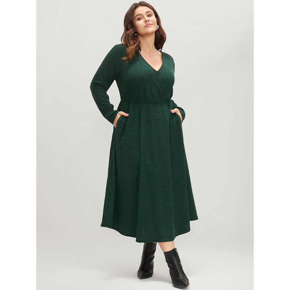 Plus Size Solid Pocket Surplice Neck Rib Knit Marled Dress DarkGreen Women Elegant V-neck Long Sleeve Curvy Midi Dress BloomChic 14-16/1X Product Image