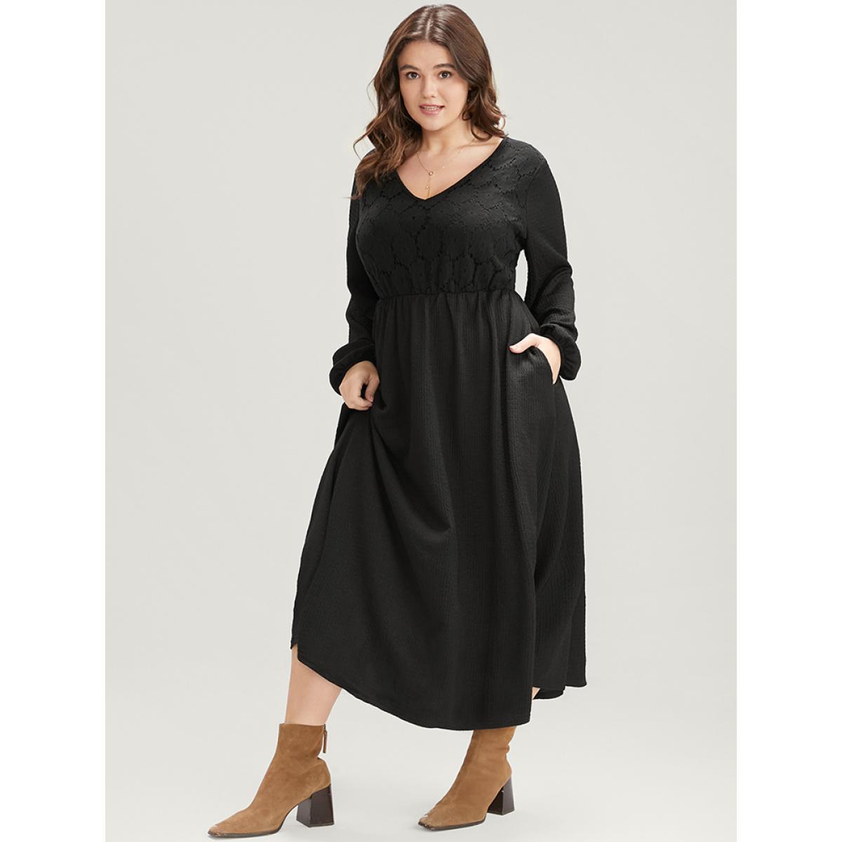 Plus Size Solid Pocket Textured Lantern Sleeve Contrast Lace Midi Dress Black Women Elegant Patchwork V-neck Long Sleeve Curvy Midi Dress BloomChic 30/6X Product Image