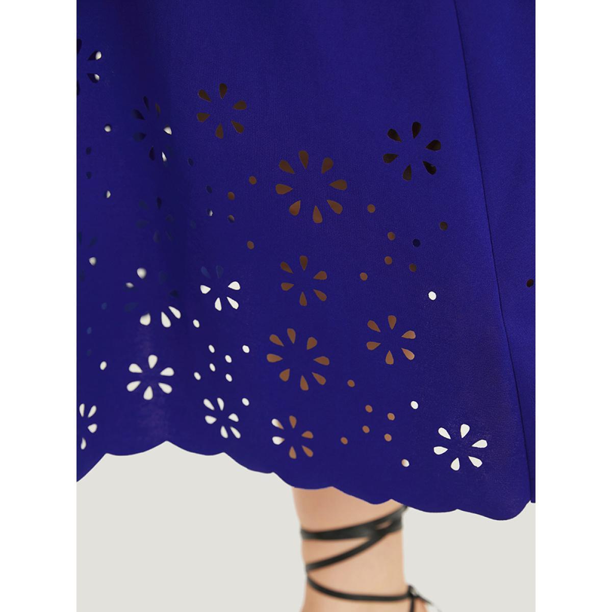 Plus Size Plain Laser Cut Gathered Square Neck Dress DarkBlue Women Elegant Plain Square Neck Long Sleeve Curvy Midi Dress BloomChic 14-16/1X Product Image