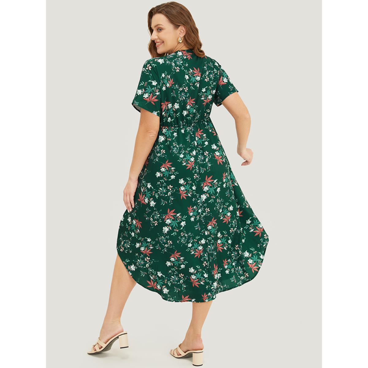 Plus Size Floral Ruffles Half Zipper Pocket Arc Hem Dress DarkGreen Women Elegant Zipper V-neck Short sleeve Curvy Midi Dress BloomChic 28/5X Product Image