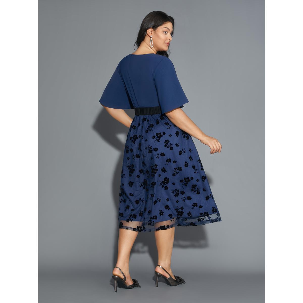 Plus Size Floral Embroidered Mesh keyhole Dress Aegean Women Cocktail Texture Round Neck Half Sleeve Curvy BloomChic 18-20/2X Product Image