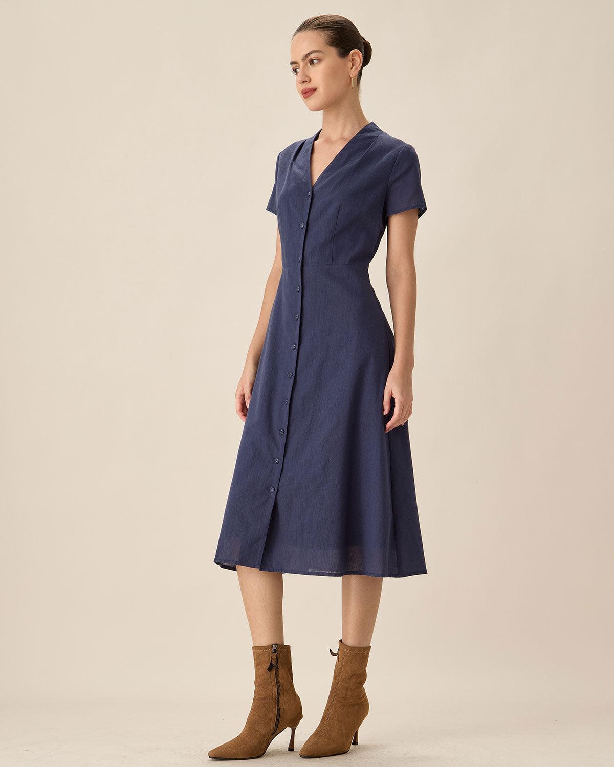 Navy Collared Button Midi Dress Product Image