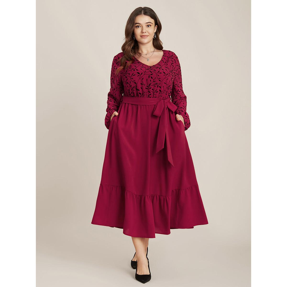 Plus Size Plant Print Lantern Sleeve Pocket Belted Ruffles Hem Dress Burgundy Women Elegant Patchwork V-neck Long Sleeve Curvy Midi Dress BloomChic 26/4X Product Image