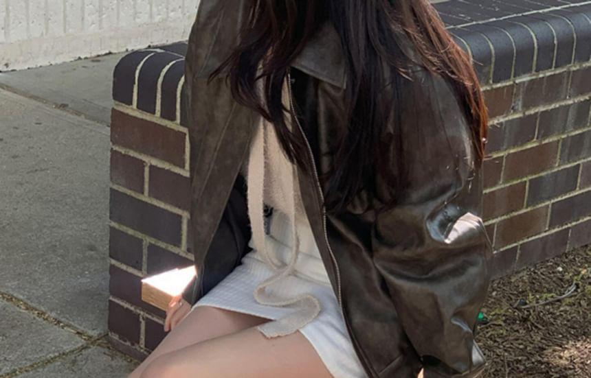 Washed Faux Leather Zip Jacket Product Image