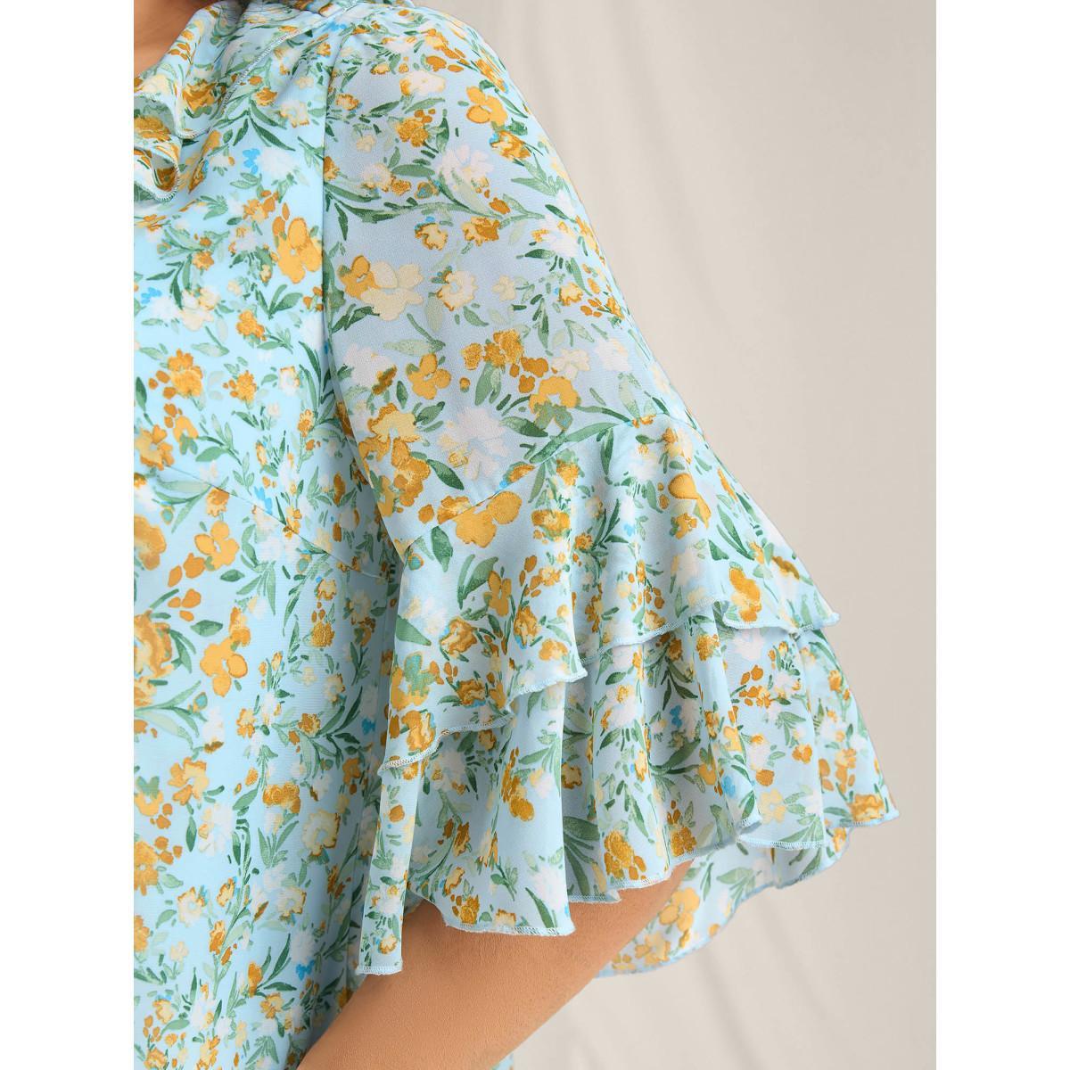Plus Size LightBlue Floral Print Ruffled Layered Sleeve Blouse Women Short sleeve V-neck Everyday-Elegant Blouses BloomChic 28/5X Product Image