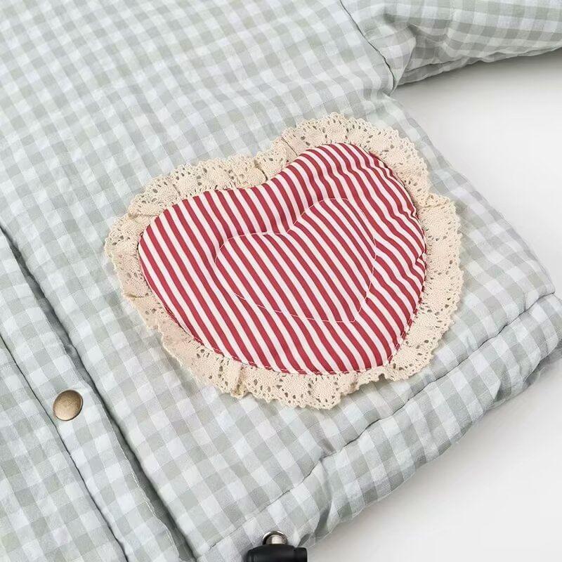 Stand Collar Plaid Heart Pocket Detail Padded Button Jacket Product Image