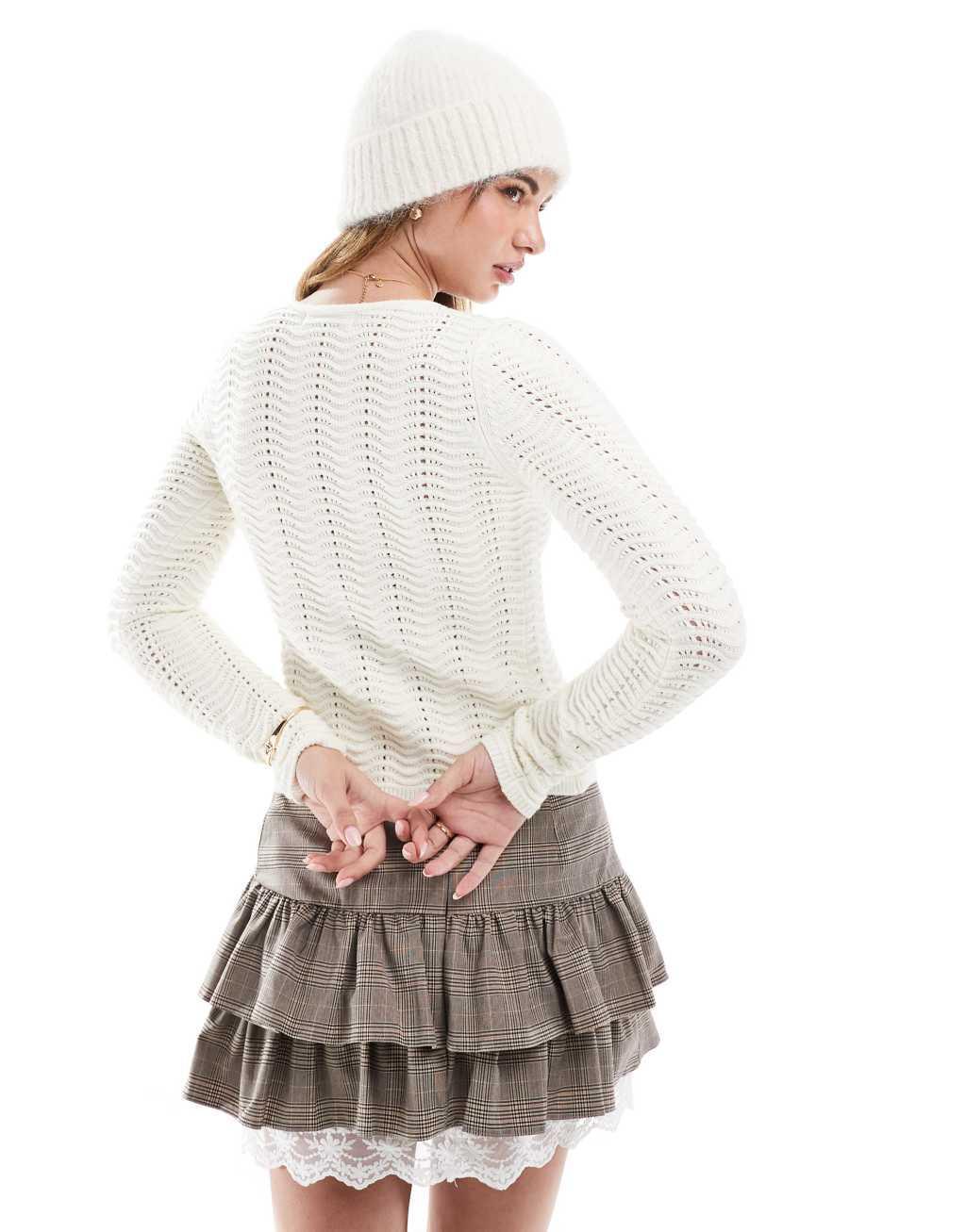 Bershka pointelle knit cardigan in ecru Product Image