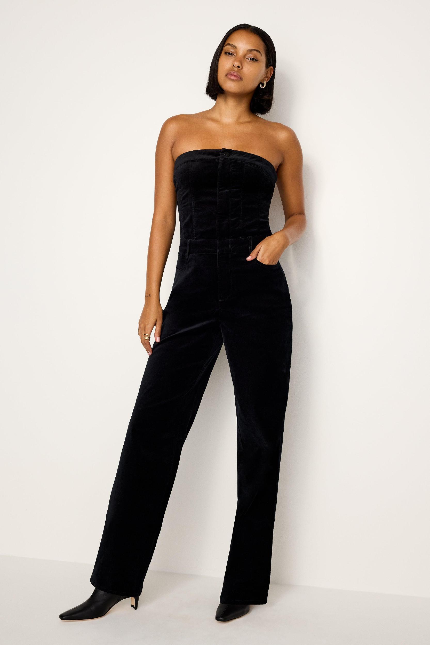 FIT FOR SUCCESS STRAPLESS VELVET JUMPSUIT | BLACK001 Product Image