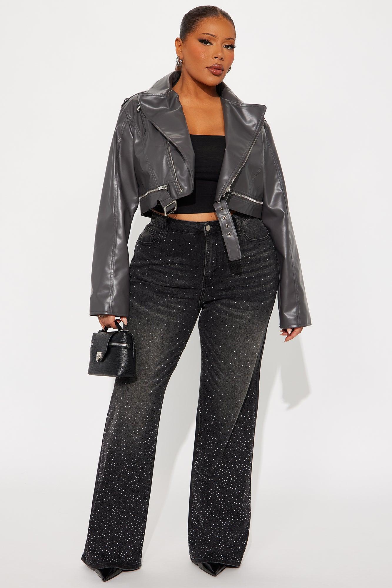 Not So Average Stretch Embellished Straight Leg Jeans - Black Wash Product Image