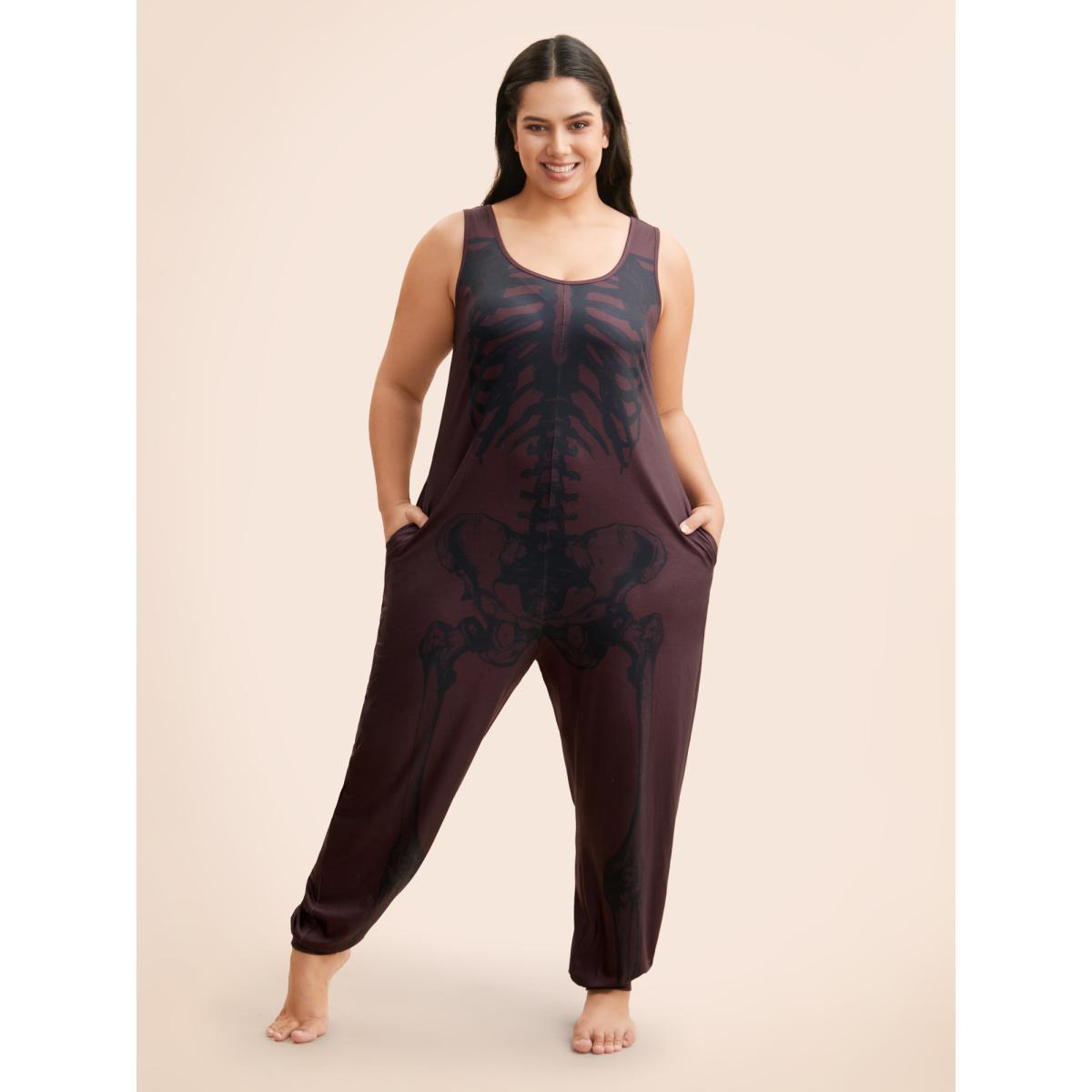 Plus Size Burgundy Skeleton Printed Off-Sleeves Jumpsuit Women Cocktail Sleeveless U-neck Party Loose Jumpsuits BloomChic 28/5X Product Image