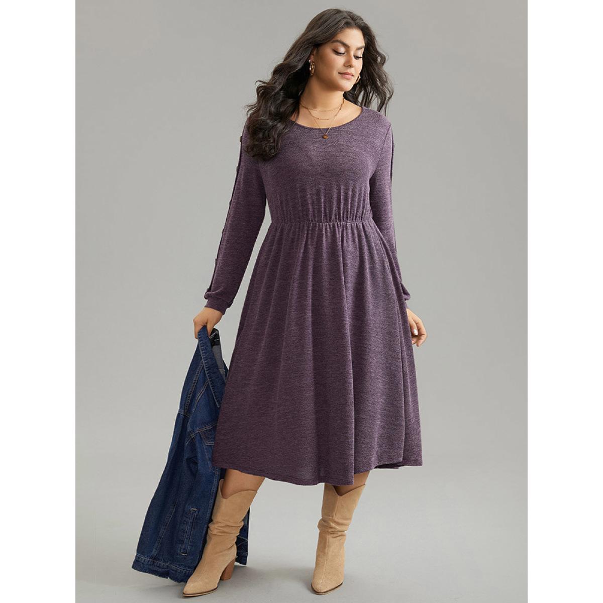 Plus Size Plisse Solid Side Button Detail Dress Purple Women Casual Plain Round Neck Long Sleeve Curvy Midi Dress BloomChic 18-20/2X Product Image