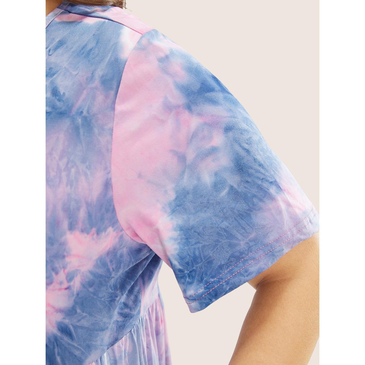 Plus Size Tie Dye Pocket Ruffle Hem Knee Dress Multicolor Women Casual Non Round Neck Short sleeve Curvy Knee Dress BloomChic 22-24/3X Product Image