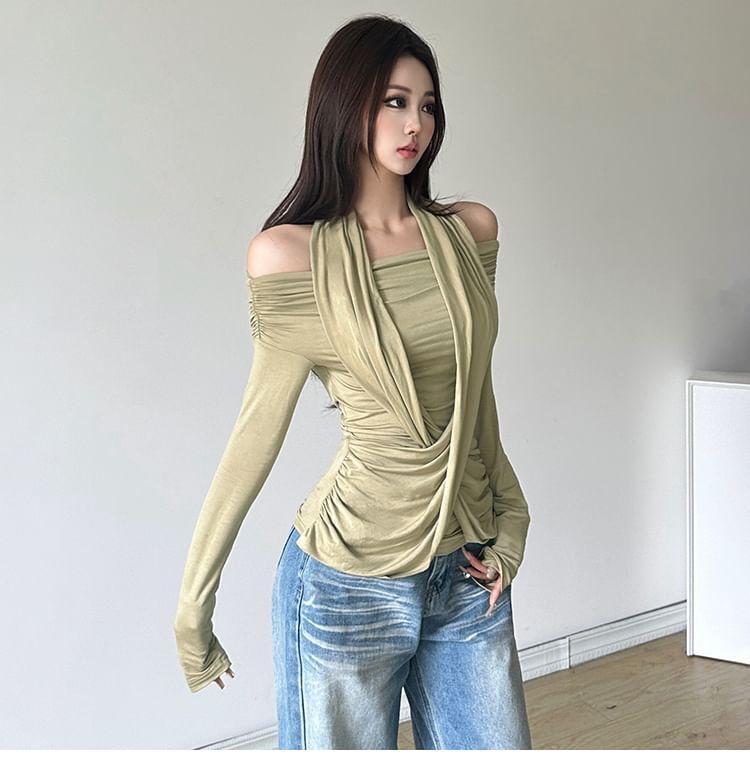 Long-Sleeve Cold Shoulder Plain Crop Top Product Image
