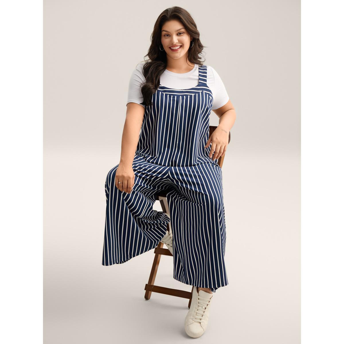 Plus Size Navy Stretchy Striped Print Wide-Leg Jumpsuit Women Sleeveless V-neck Everyday-Casual Loose Jumpsuits BloomChic 26/4X Product Image