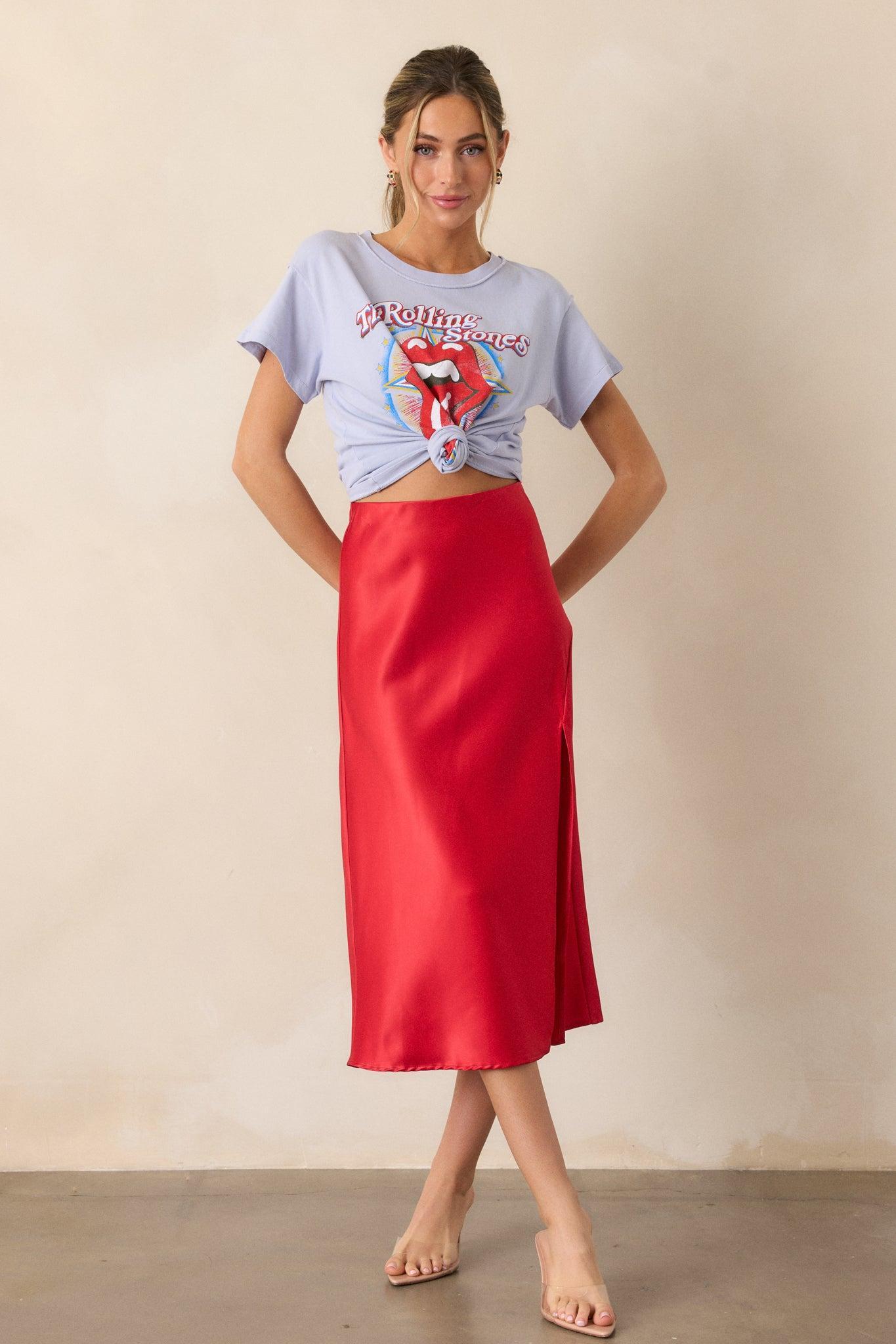 Park Avenue Glam Red Satin Midi Skirt Product Image