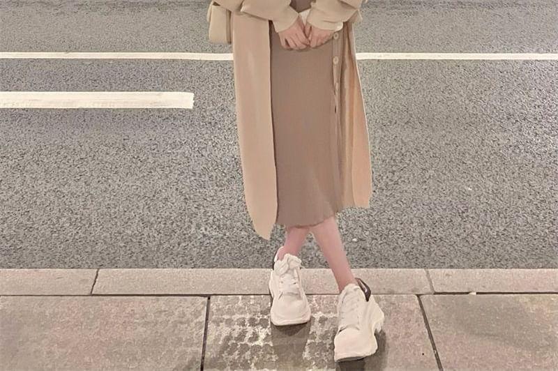 Plain Midi Open Front Cardigan / Scoop Neck Plain Button Slit Ribbed Knit Midi Sheath Tank Dress / Set Product Image