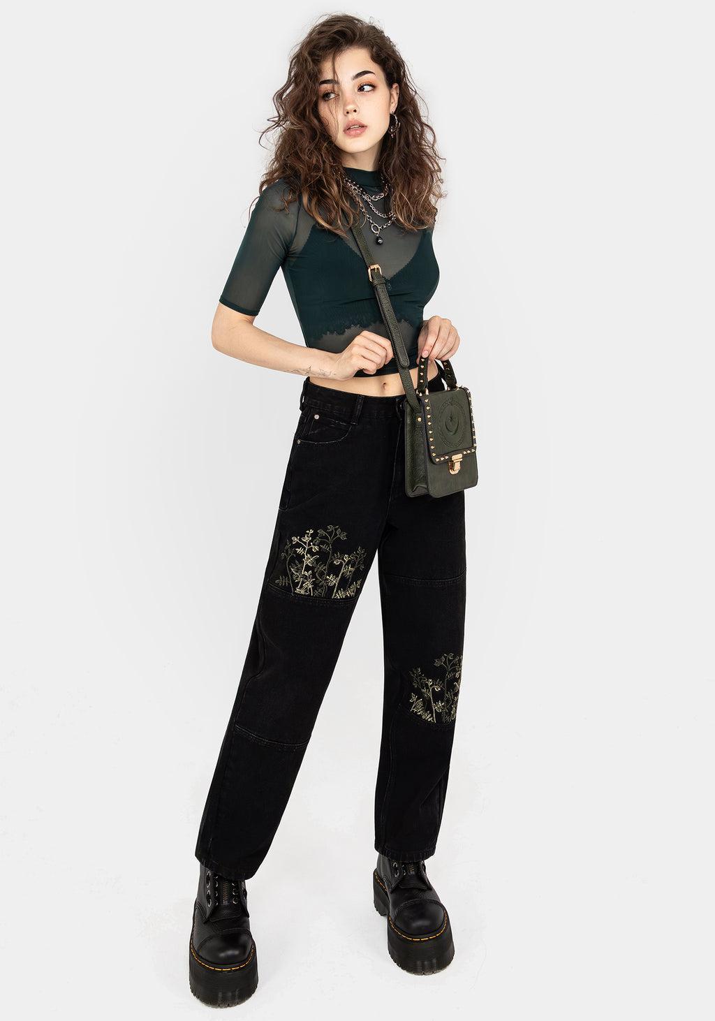 Buckthorn Embroidered Denim Barrel Leg Jeans Product Image
