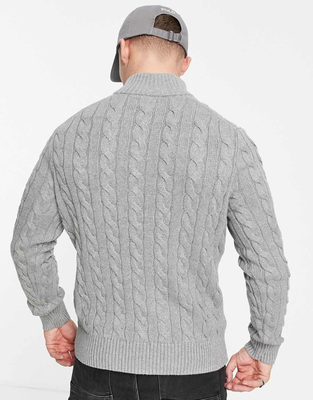 Polo Ralph Lauren icon logo half zip cotton cable knit sweater in gray heather Product Image