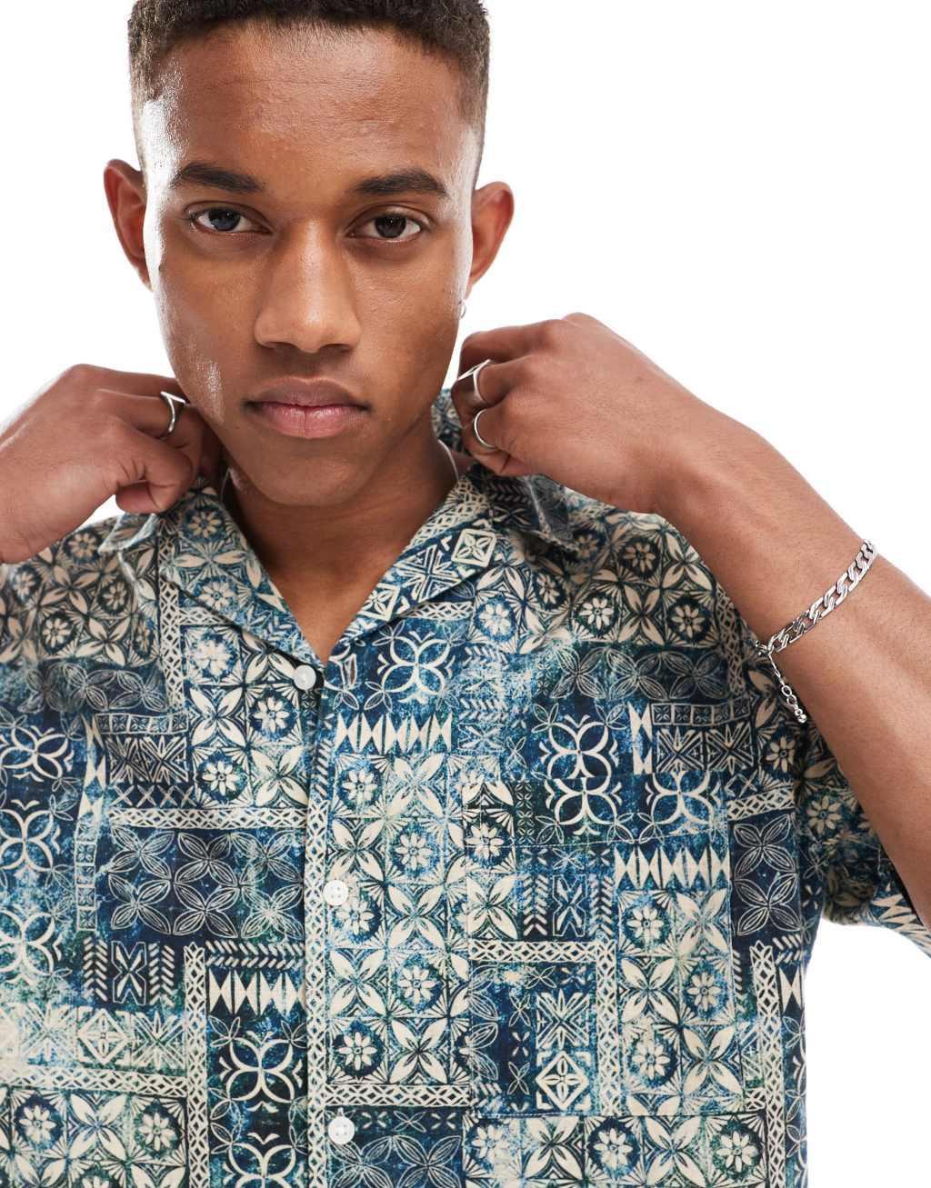 ASOS DESIGN relaxed camp collar shirt in tonal vintage print Product Image