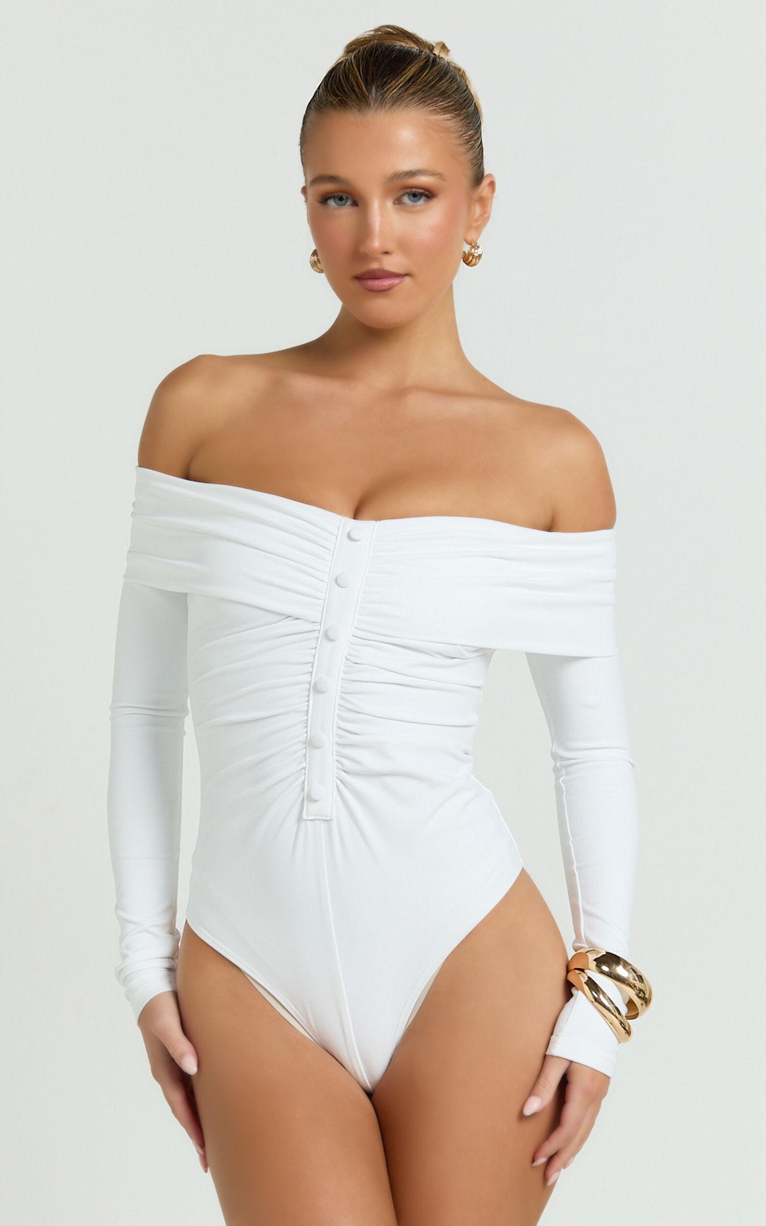 Charisse Bodysuit - Off Shoulder Button Down Bodysuit in White Product Image