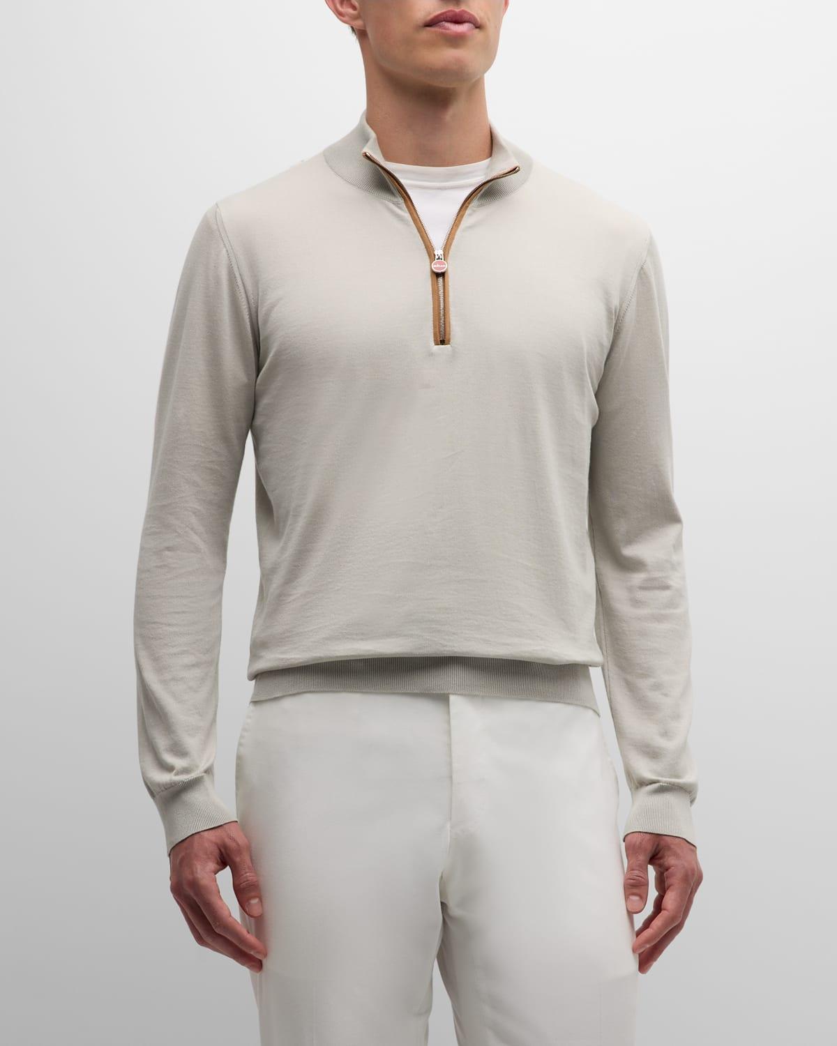 Men's Quarter-Zip Cotton Sweater With Suede Trim Product Image