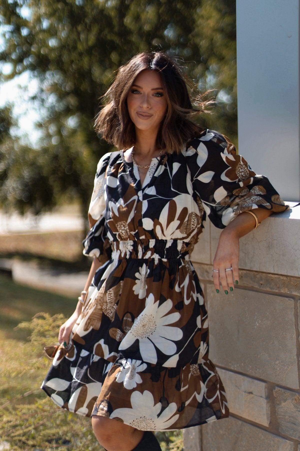 Brown Print Smocked Mini Dress Product Image