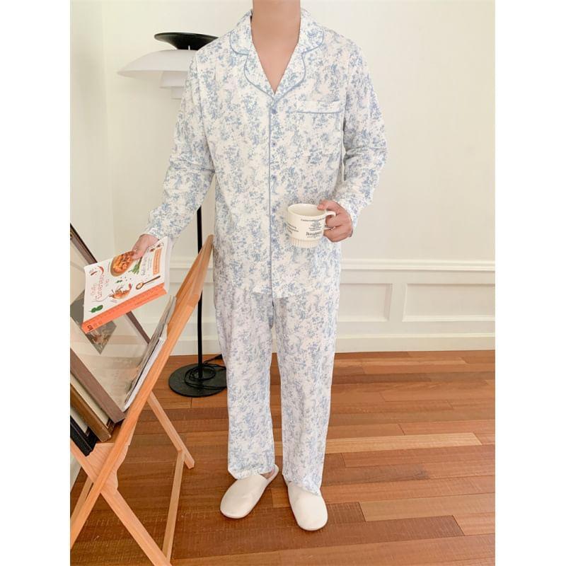 Couple Matching Pajama Set: Long-Sleeve Floral Print Top + Pants (Various Designs) Product Image
