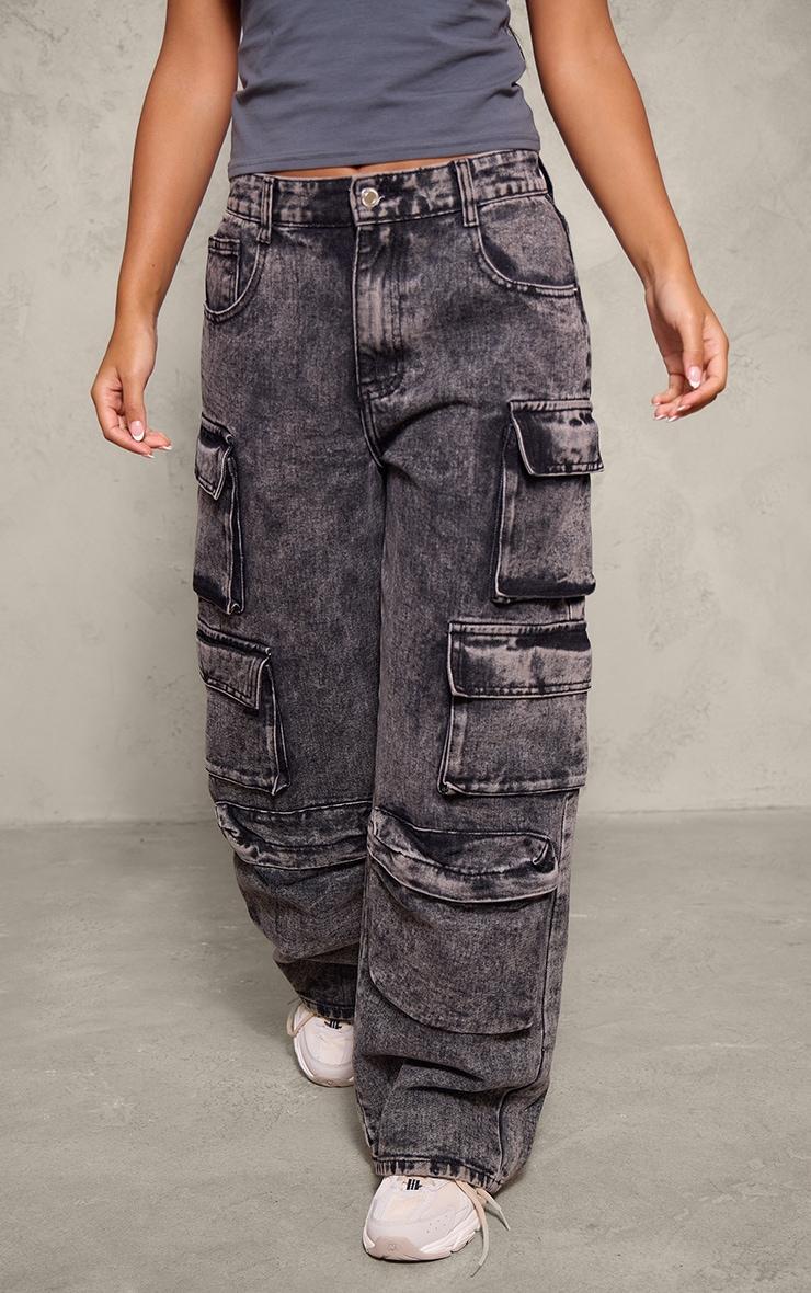 Petite Washed Black Denim Cargo Wide Leg Jeans Product Image