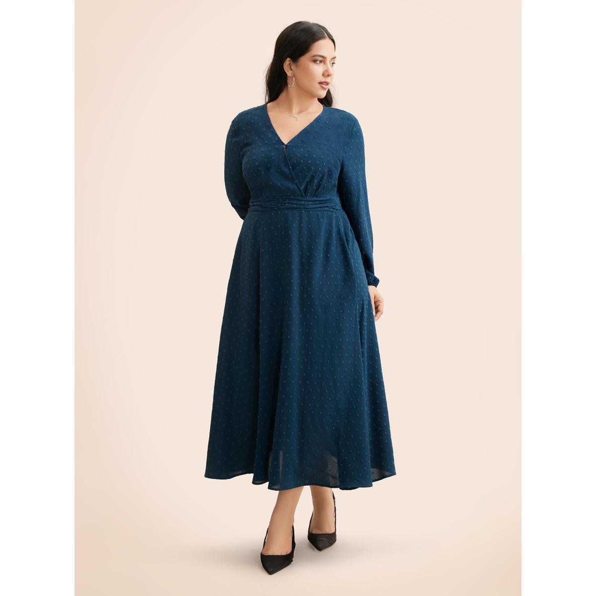 Plus Size Overlap Collar Textured Ruched Dress Aegean Women Elegant Texture Overlap Collar Long Sleeve Curvy BloomChic 22-24/3X Product Image