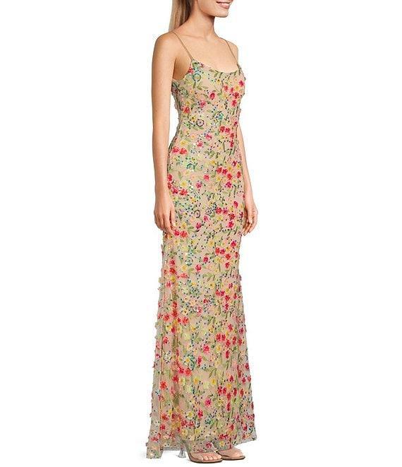 Honey and Rosie 3D Floral Sequin Spaghetti Strap Mermaid Dress Product Image