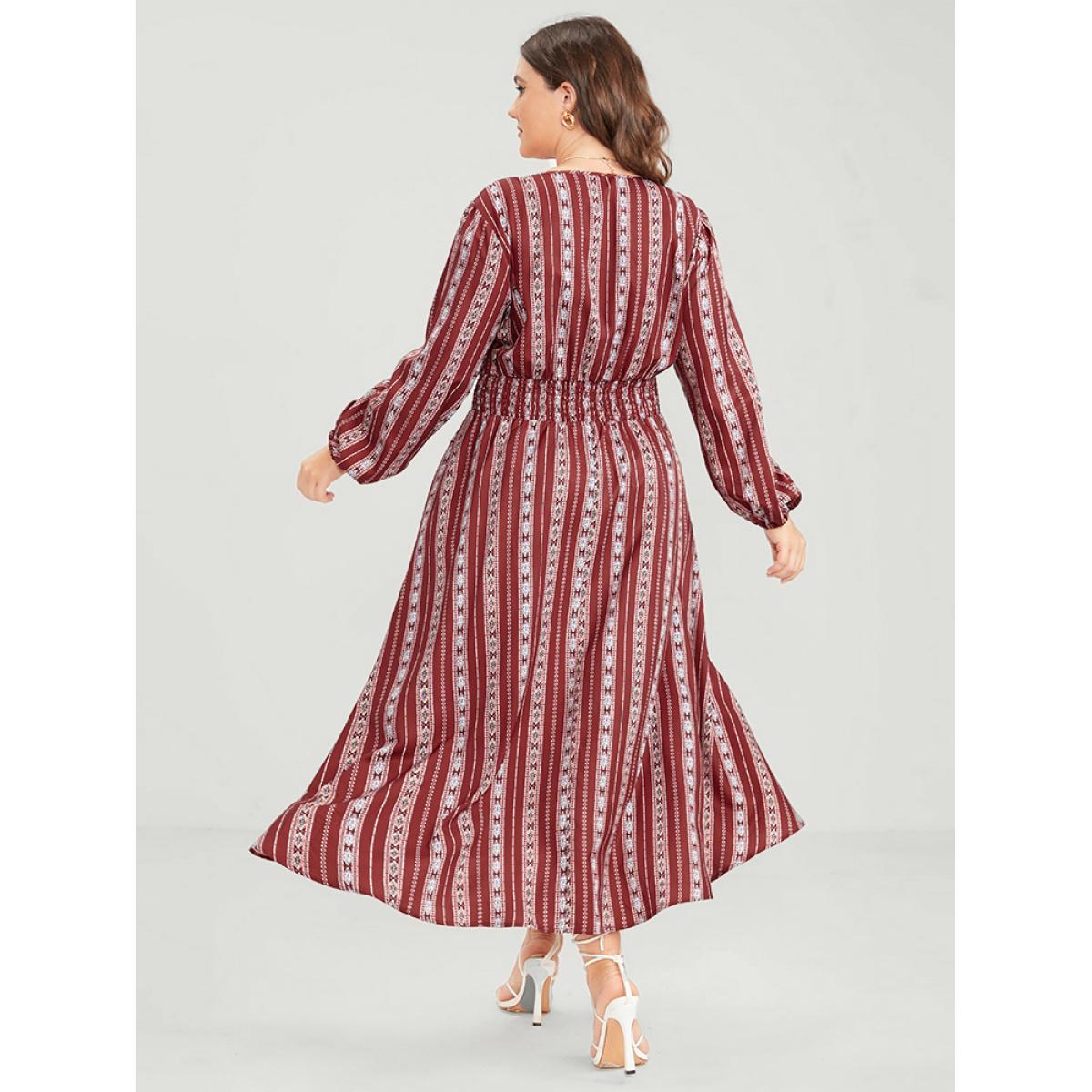 Plus Size Striped Geometric Pocket Lantern Sleeve Shirred Split Dress Red Women Elegant V-neck Long Sleeve Curvy Long Dress BloomChic 22-24/3X Product Image