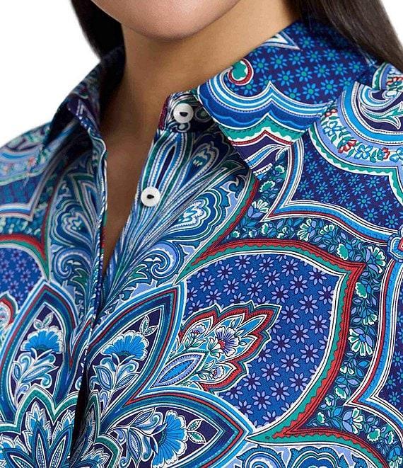 Foxcroft Plus Size Olivia Wrinkle-Free Kaleidoscope Print Cotton Sateen Point Collar 3/4 Sleeve Button Front Shirt Product Image