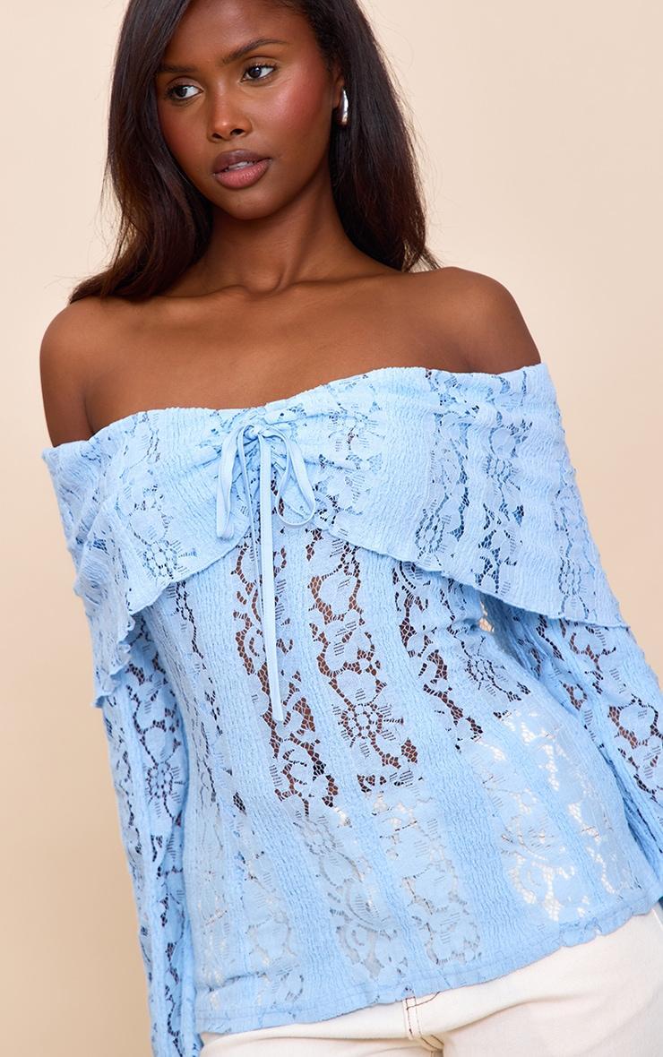 Sky Blue Fitted Lace Flared Sleeve Bardot Top Product Image