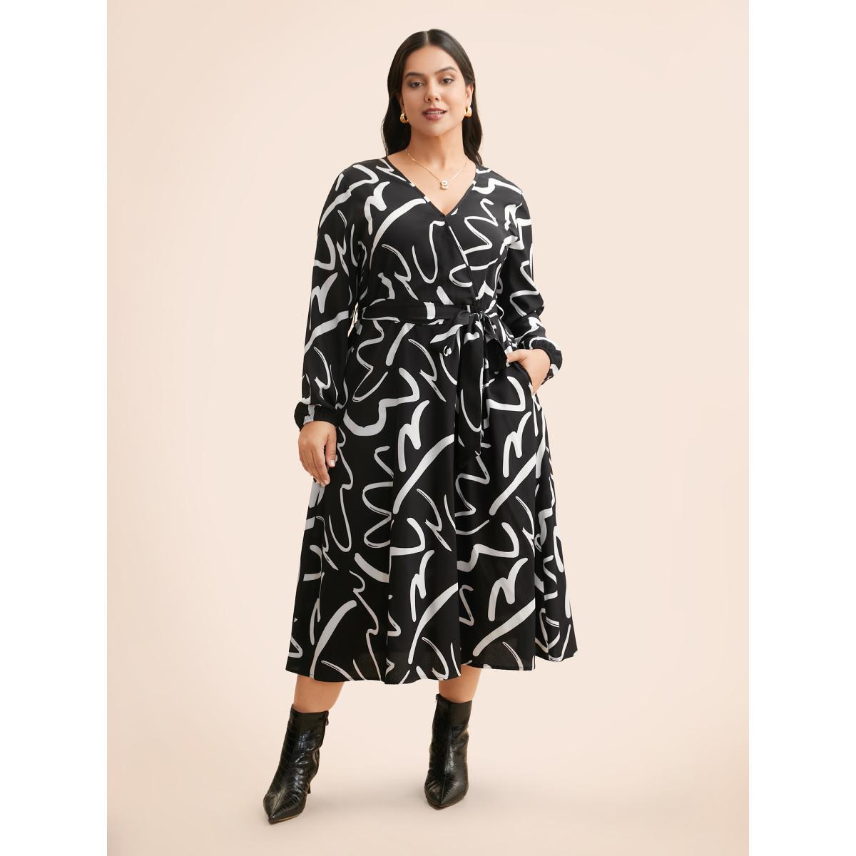 Plus Size Geometric Overlap Collar Midi Dress BlackFlower Women At the Office Belted Overlap Collar Long Sleeve Curvy BloomChic 10/M Product Image