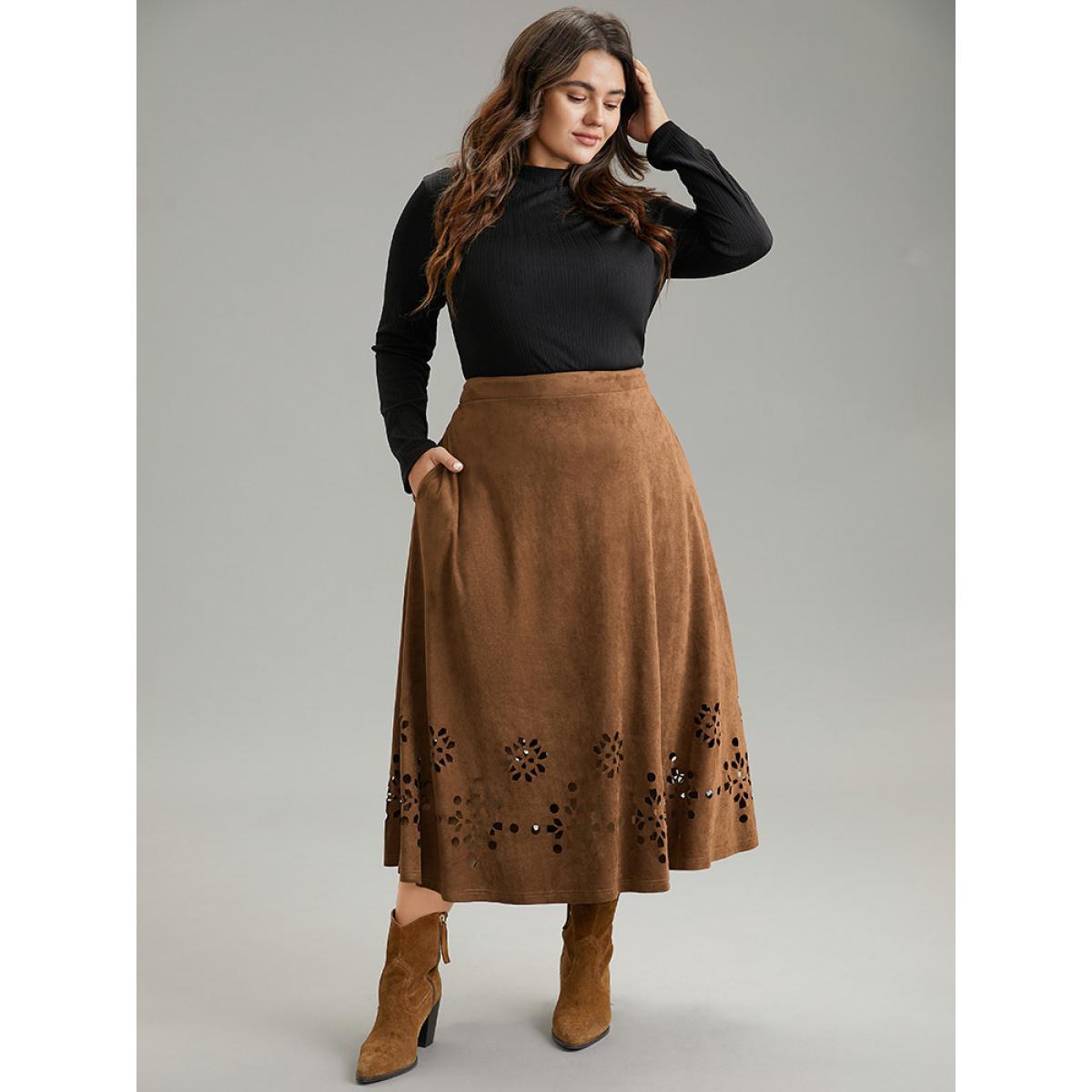 Plus Size Plain Elastic Waist Pocket Laser Cut Skirt Women DarkBrown Office Plain No stretch Pocket Work Skirts BloomChic 30/6X Product Image