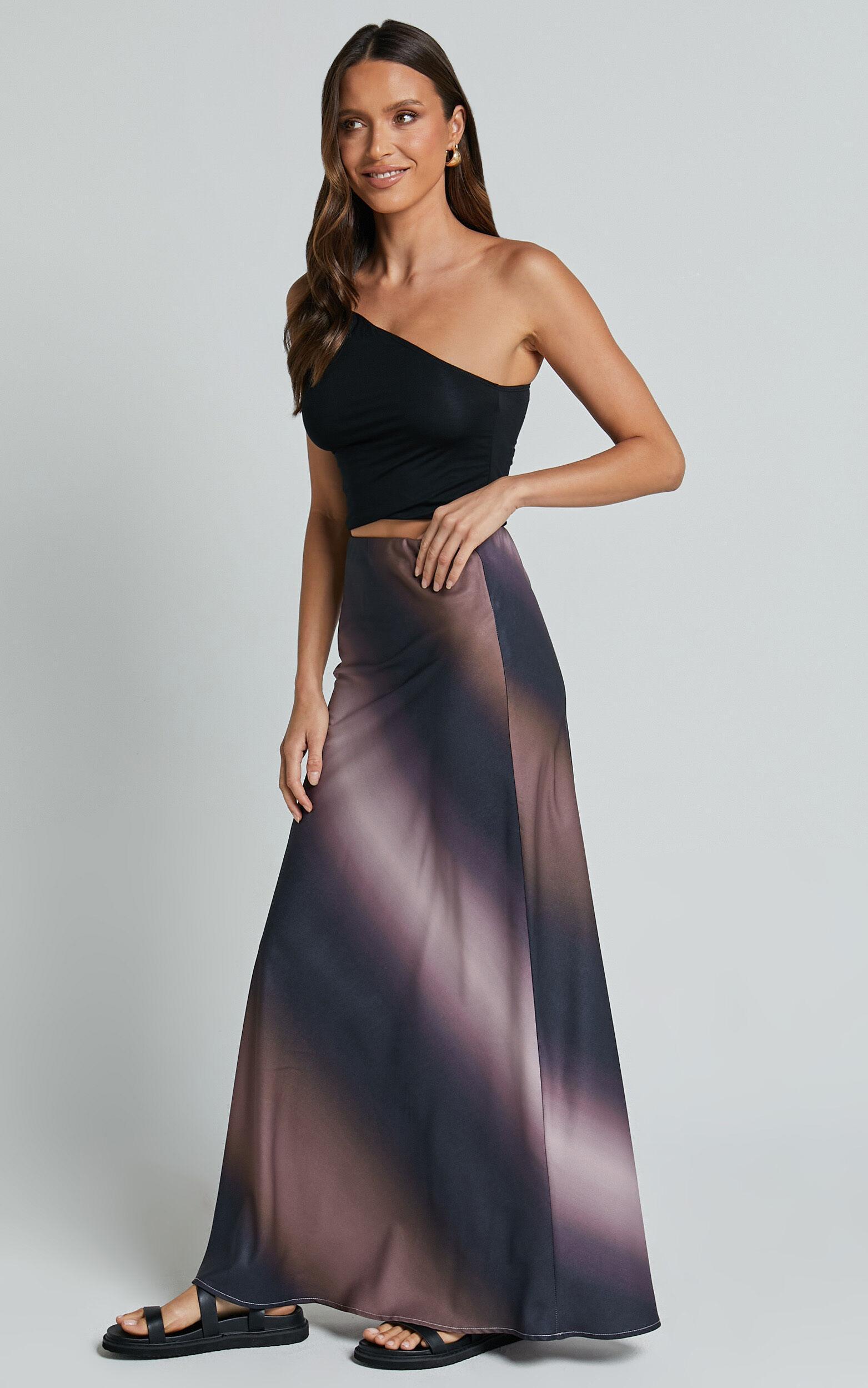 Michaela Maxi Skirt - High Waisted Slip Satin Skirt in Dusk Ombre Product Image