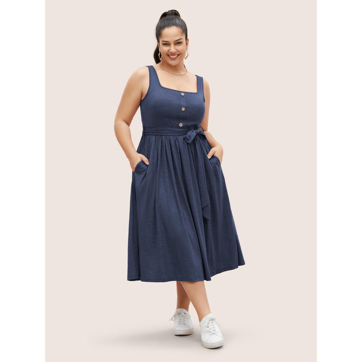 Plus Size Supersoft Essentials Button Detail Belted Gathered Dress DarkBlue Women Casual Gathered Square Neck Sleeveless Curvy Midi Dress BloomChic 28/5X Product Image