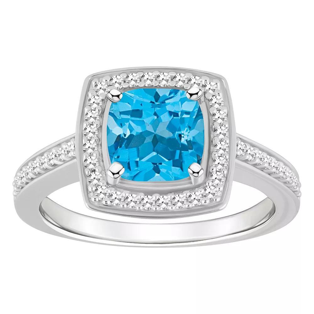 Celebration Gems Sterling Silver 7 mm Cushion Gemstone & 1/4 Carat T.W. Diamond Halo Ring, Women's, Size: 6, Blue Topaz Product Image