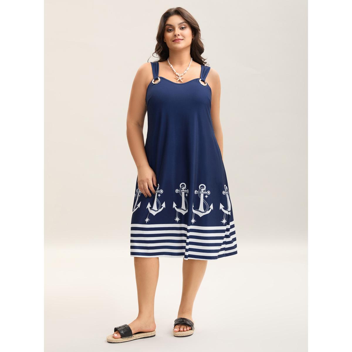 Plus Size Nautical Print Sleeveless Buckle Midi Dress Navy Women V-neck Sleeveless Curvy BloomChic 28/5X Product Image