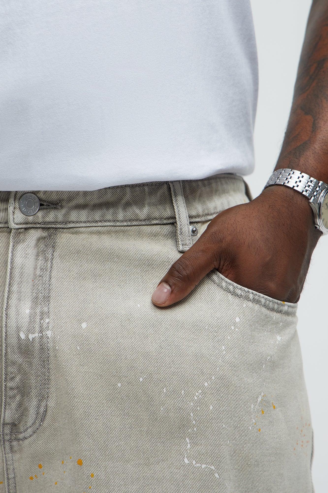 These Streets Paint Splattered Relaxed Denim Shorts - Grey Product Image