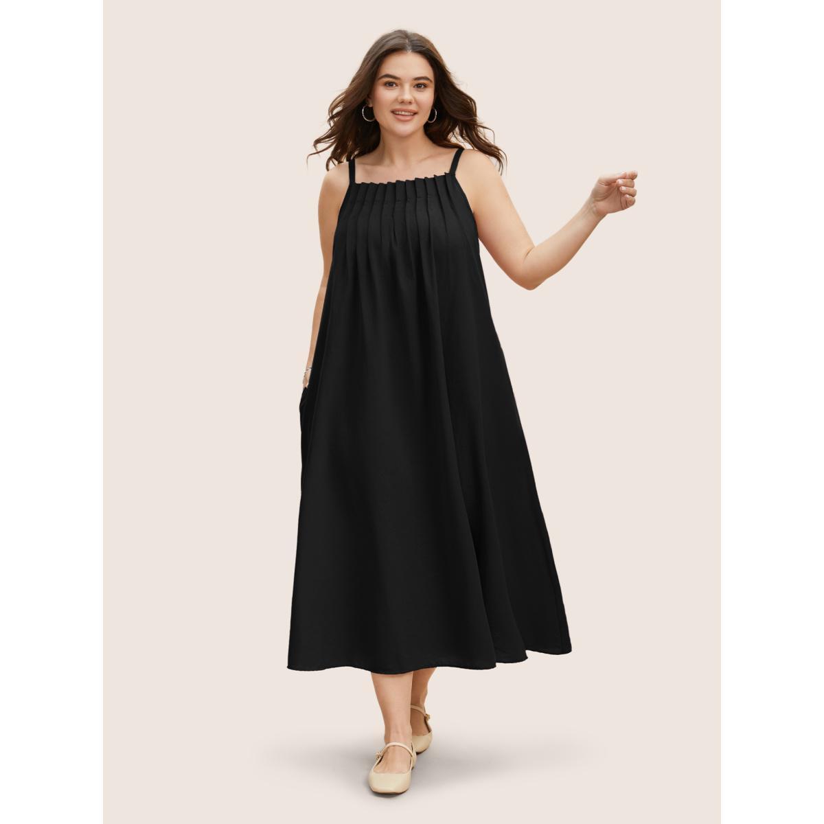 Plus Size Cotton Plain Pleated Loose Fit Cami Dress Black Women Casual Ruffles Non Sleeveless Curvy BloomChic 28/5X Product Image