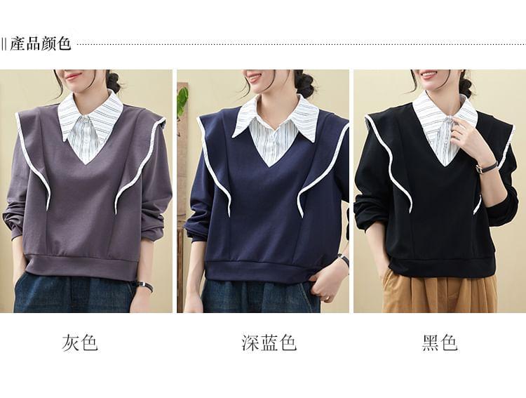 Collared Mock Two-Piece Striped Panel Pullover Product Image