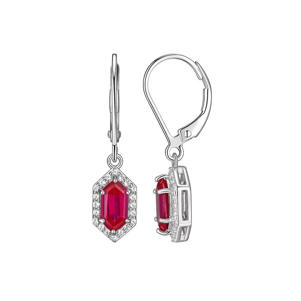 Rhodium-Plated Sterling Silver Lab-Created Emerald With Lab-Created White Sapphire Halo Leverback Drop Earrings, Women's Product Image