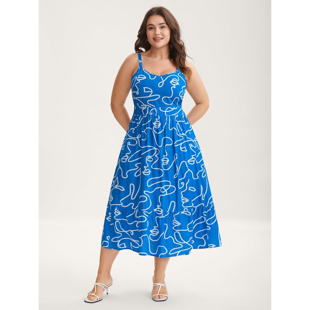 Plus Size Abstract Line Print Adjustable Midi Dress Mediumblue Women Non Sleeveless Curvy BloomChic 18-20/2X Product Image